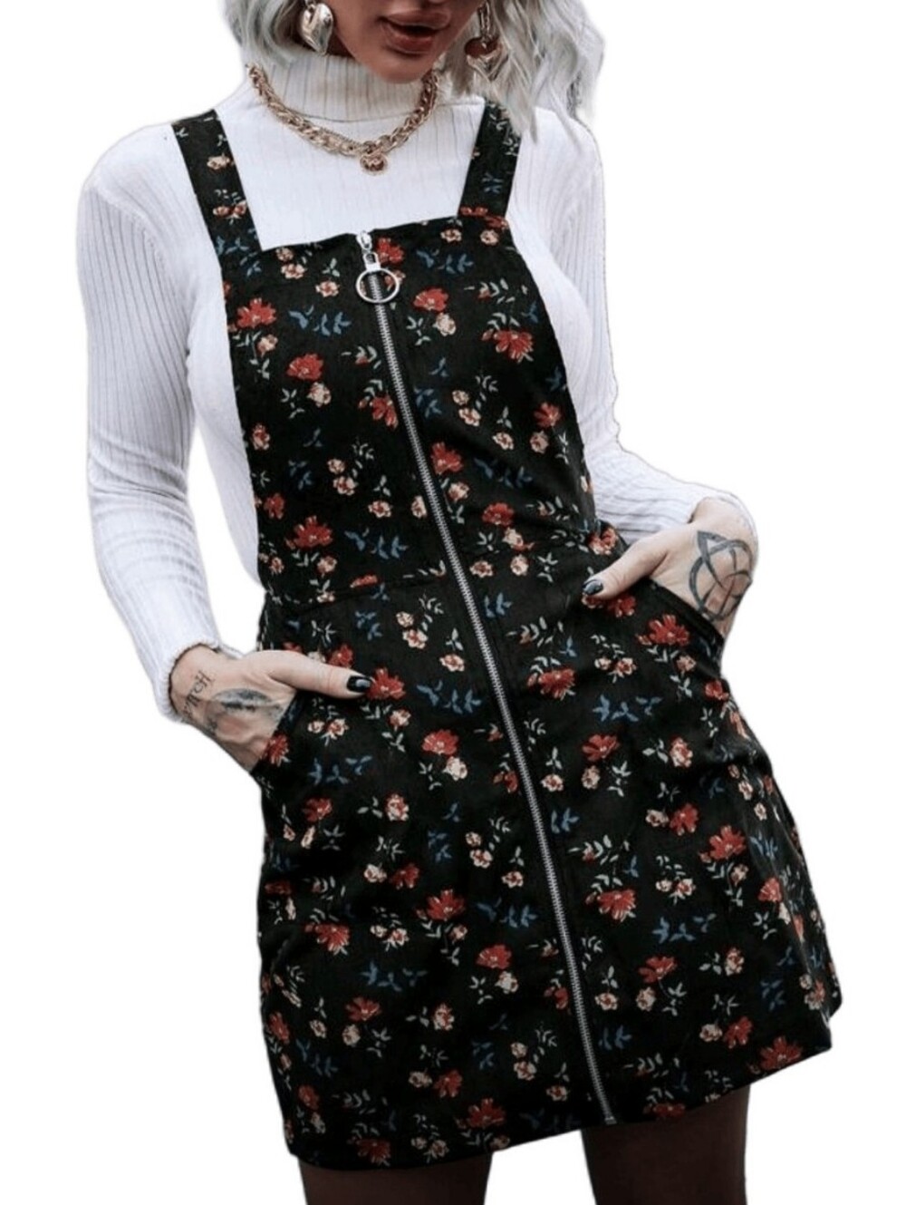 SHEIN Floral Zip-Front Pinafore Dress - Black